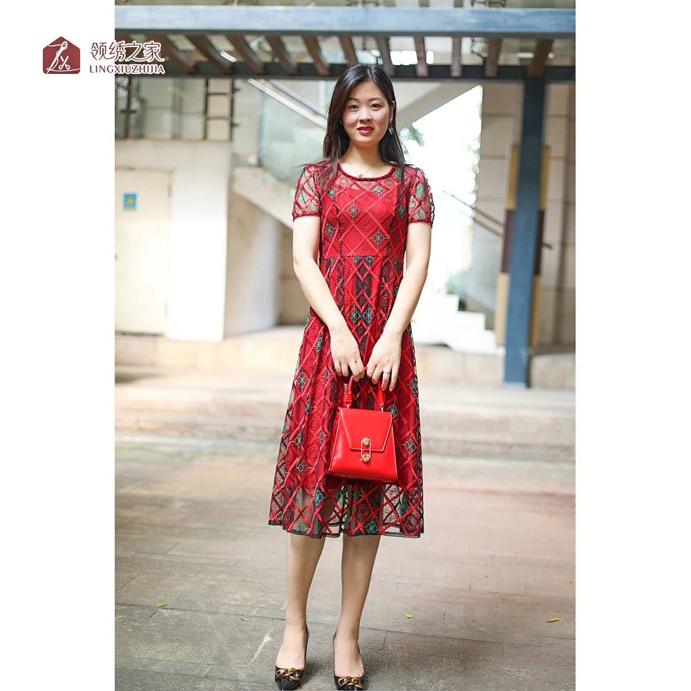 蕾丝绣花连衣裙台湾装妈妈装#L700720H-10红色显瘦气质修身时尚