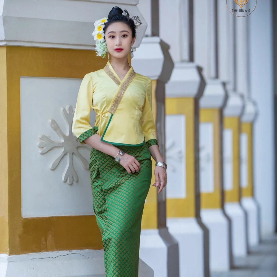 傣王妃傣族传统服装女套装日常休闲工作服旅拍中袖筒裙节日服务员