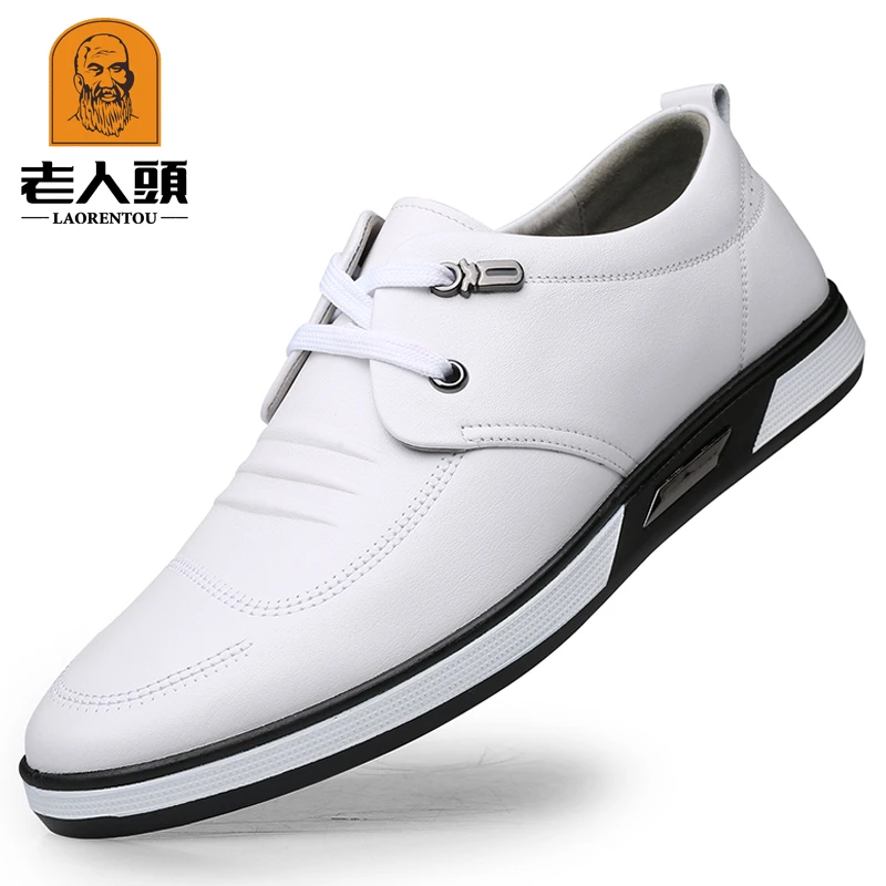 老人头鞋子男商务休闲小白鞋真皮软底春秋透气韩版系带白色皮鞋男