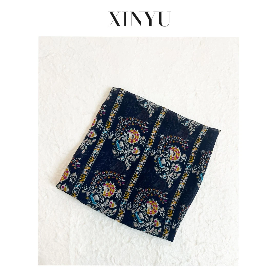 XINYU/定制 复古花卉方形丝巾 SJ3086 时尚民族风提花中式蓝色