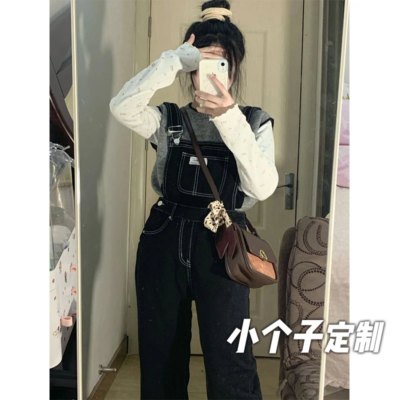 150小个子甜酷系牛仔背带裤女新款显瘦宽松直筒阔腿xs九分吊带NZ