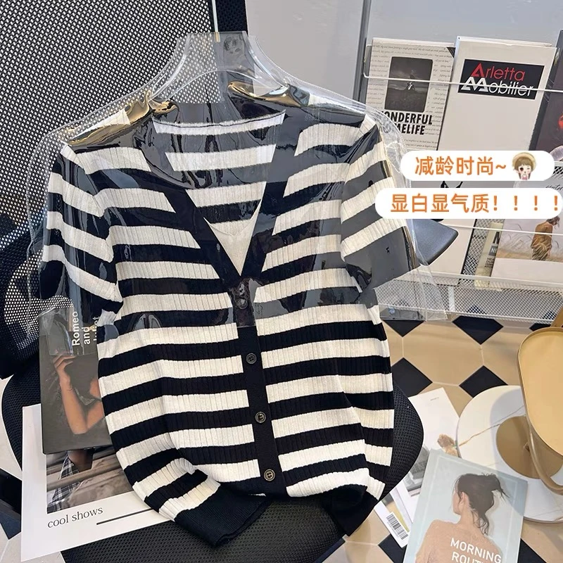 BD005 V领假两件T恤冰丝针织衫夏季条纹短袖女薄款上衣