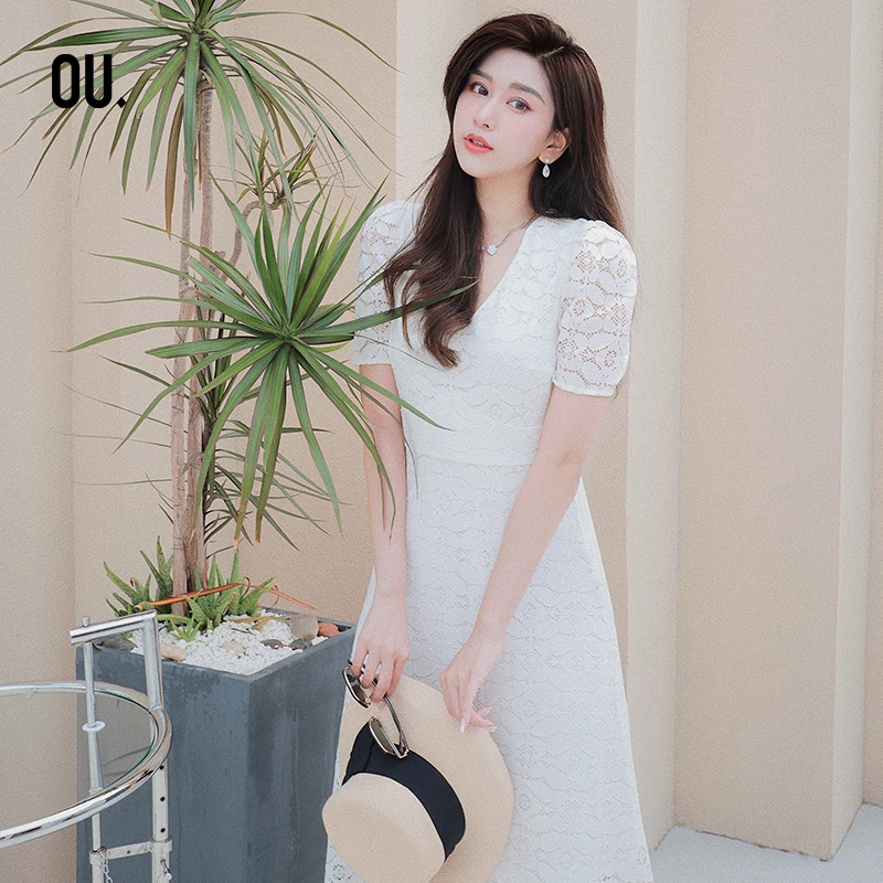 OU./欧点大气修身版型穿着显高挑连衣裙1212131056蕾丝气质白色