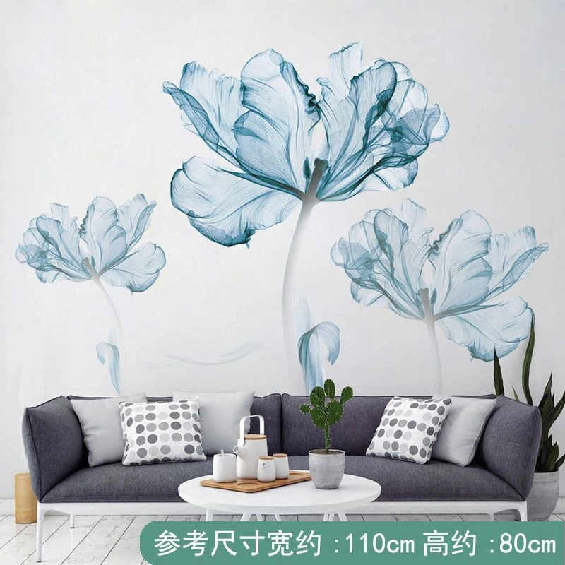 荷花背景墙贴画墙壁房间墙面装饰品卧室温馨蓝色花贴纸自粘中国风