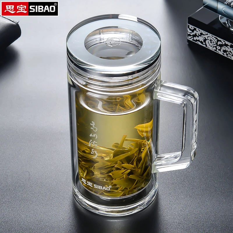 思宝玻璃杯高山流水带把双层水杯男女办公室带手柄泡茶杯个人专用