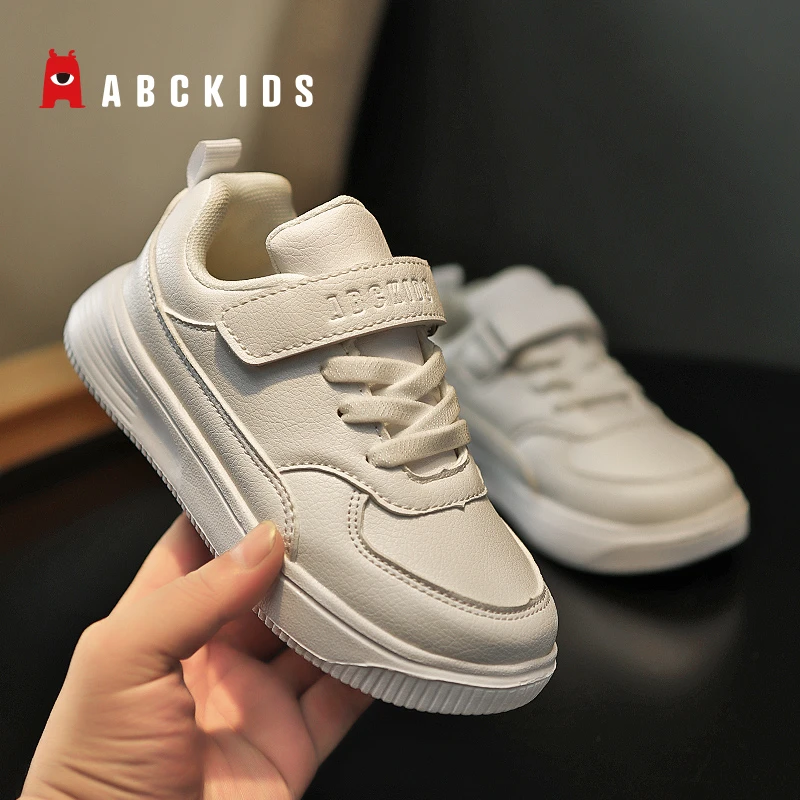 Abckids儿童小白鞋春秋皮面防水小学生幼儿园校园白鞋运动鞋