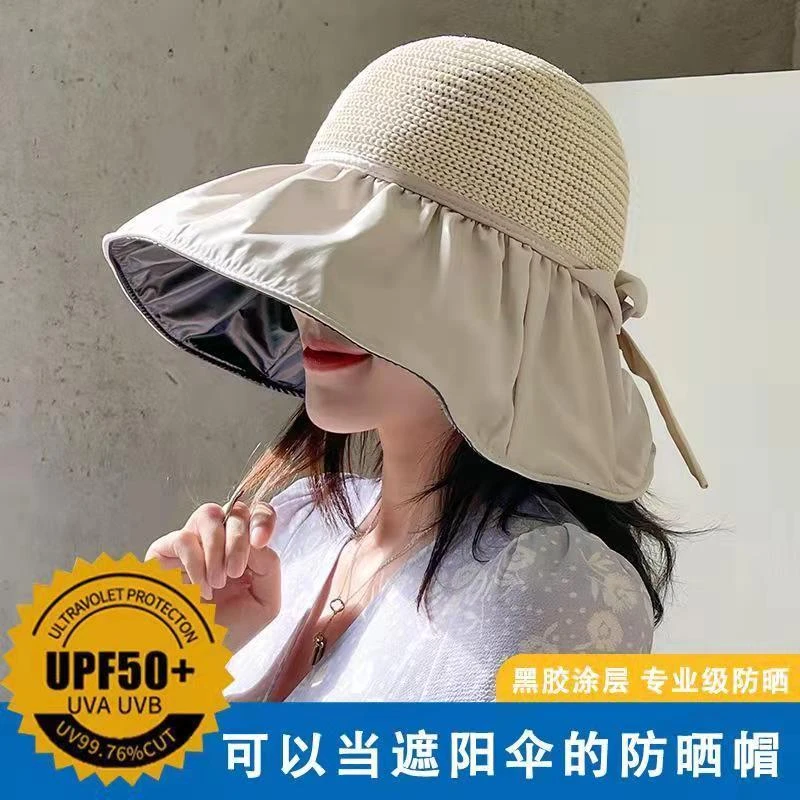 【工厂直发】夏季黑胶蝴蝶结遮阳帽镂空防紫外线大帽檐遮脸防晒帽