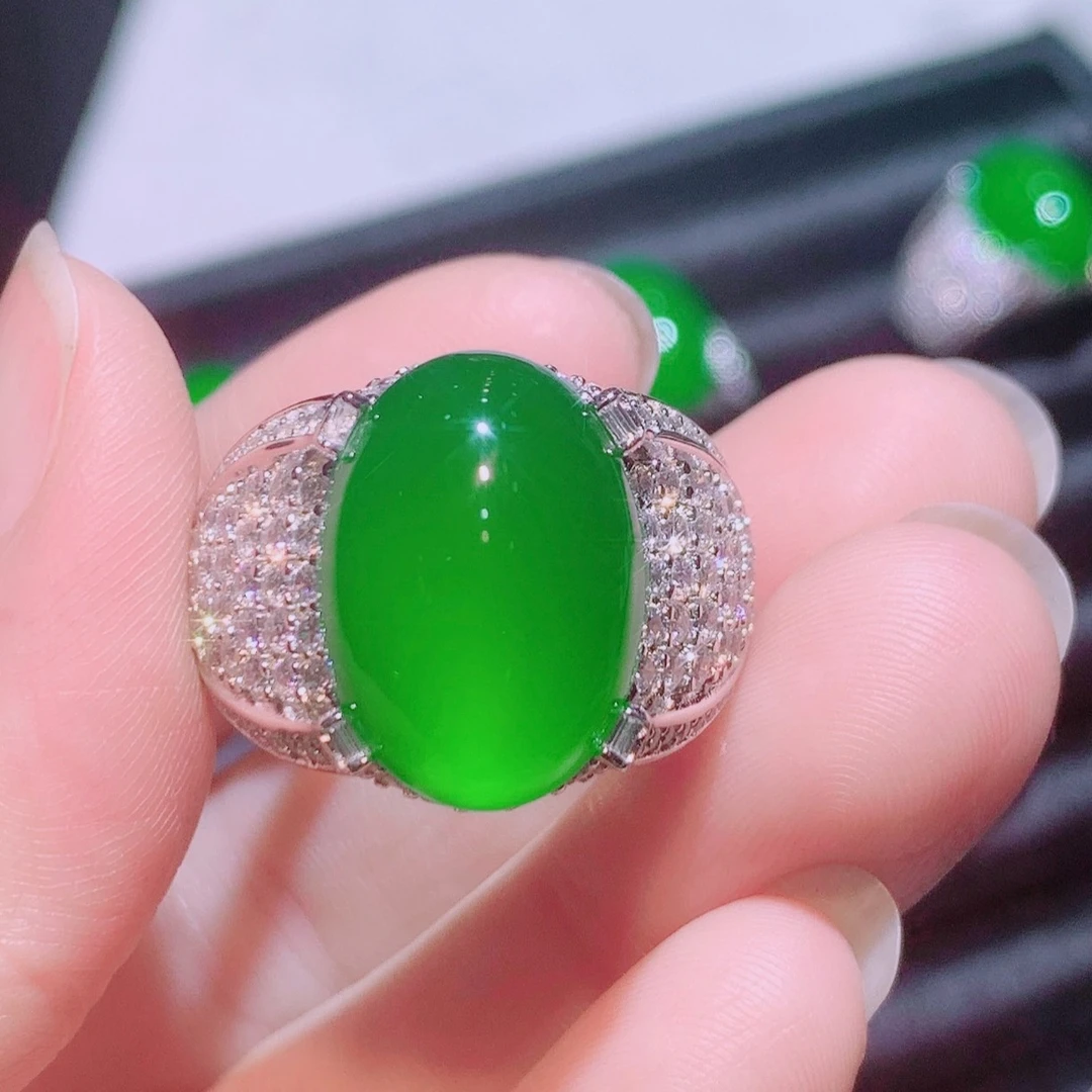 霞姐珠宝玉髓鸽子蛋情侣款戒指活口925银镶