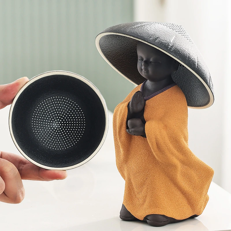 小和尚茶漏过滤网陶孔一体创意茶叶过滤个性家用茶宠功夫茶具摆件