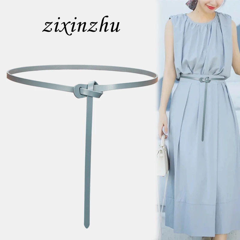 蓝色细腰带女真皮配连衣裙子收腰百搭夏季紫色粉色衬衫小皮带时尚