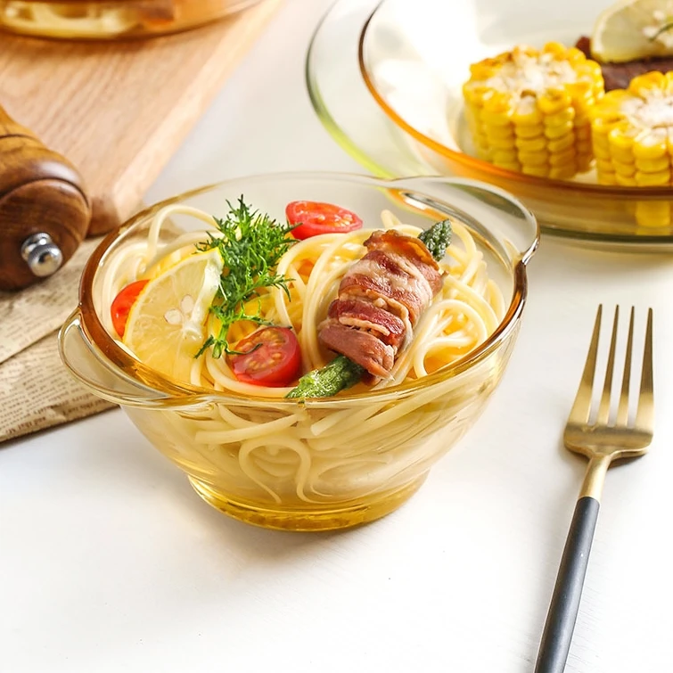 双耳琥珀色碗 家用耐热玻璃餐具透明玻璃碗 13cm 拍一发四