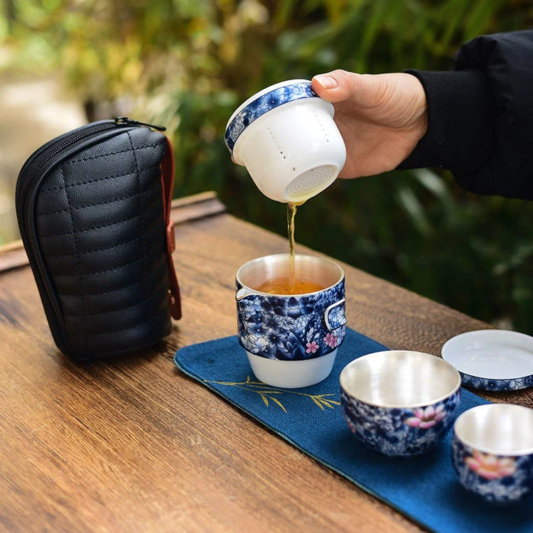 高档陶瓷快客杯一壶三杯鎏银青花瓷茶壶茶杯便携式旅行包户外茶具