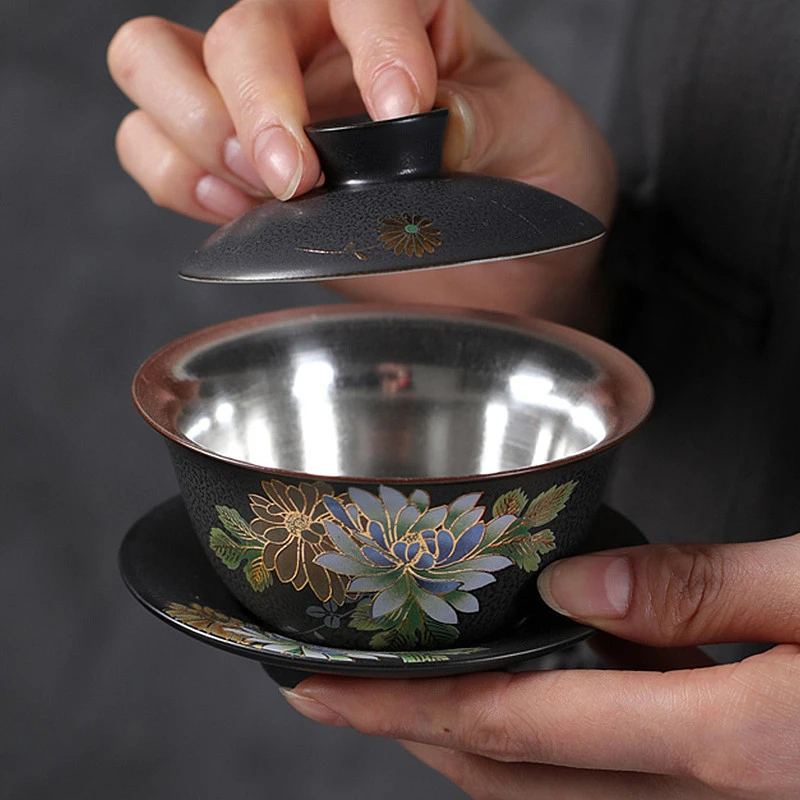鎏银盖碗茶杯单个窑变描金家用陶瓷功夫茶具茶碗泡茶器伴手礼盒装