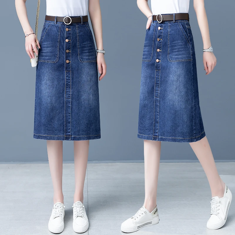 牛仔裙女半身裙秋季时尚高腰中长款开叉直筒裙大码显瘦妈妈铅笔裙