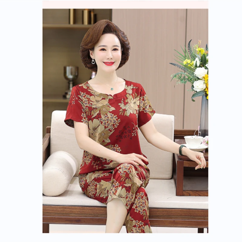 【芊上】 8697 中老年妈妈装夏季新款宽松遮肉显瘦气质短袖套装