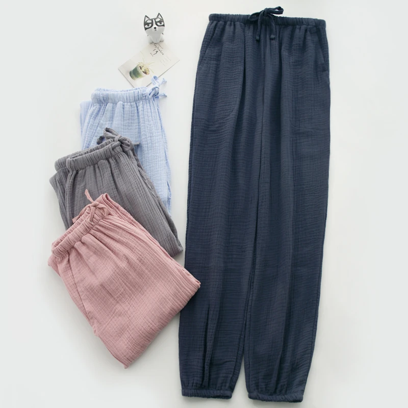水洗纯棉纱布睡裤男女春秋季双层薄款日系收口情侣防蚊长裤家居裤