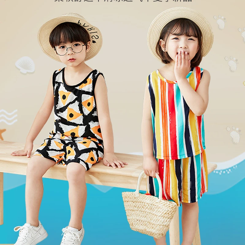 儿童夏季绵绸背心套装男童女童人造棉夏天清凉薄款两件套小孩新款