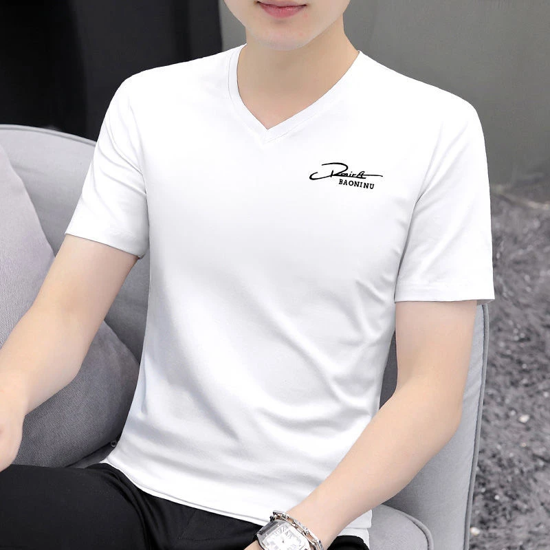 时尚V领短袖T恤男士2025夏季清凉潮牌白色半袖衣服百搭休闲上衣男