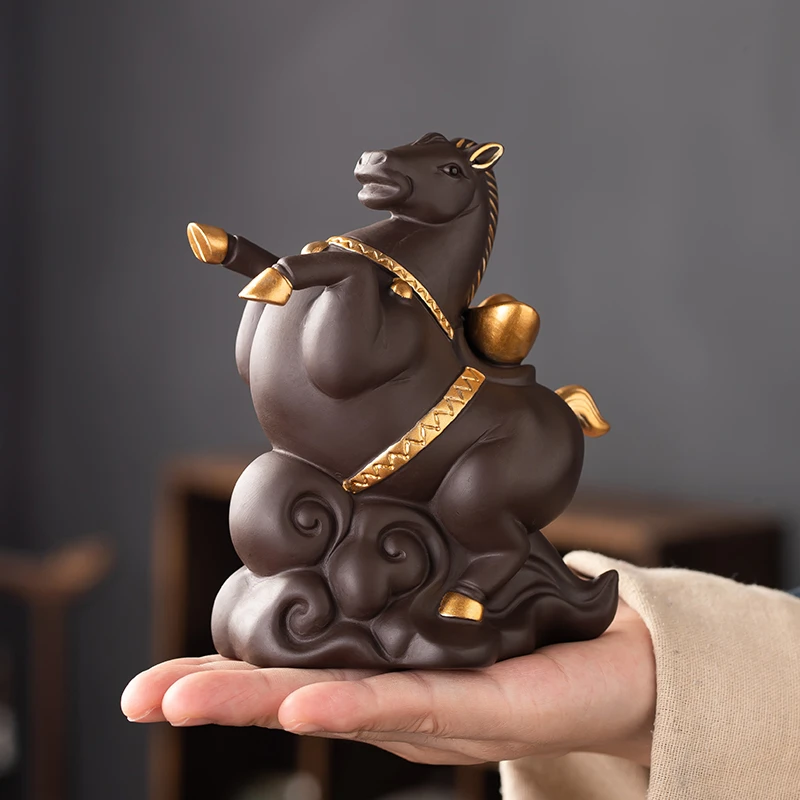 紫砂马茶宠站立马十二生肖午马茶玩精品摆件可养创意茶桌茶玩配件
