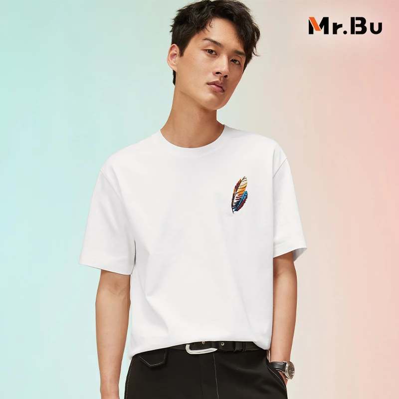 【五折】MrBu布先生国潮刺绣白色t恤男纯棉短袖宽松半袖上衣GT01223