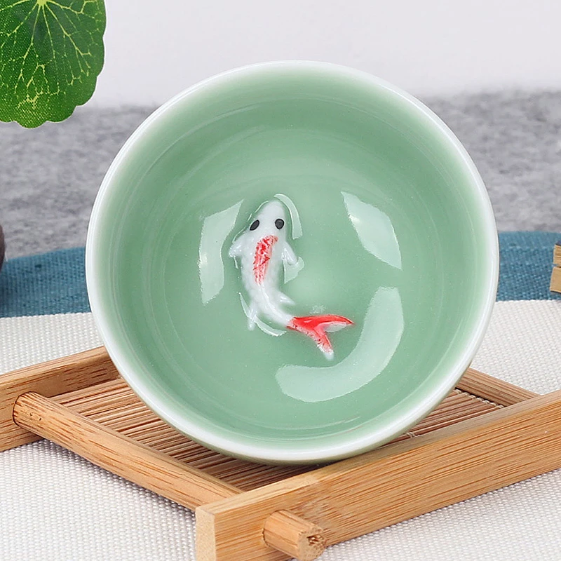 青瓷年年有鱼陶瓷品茗杯主人杯功夫茶杯容量55ml高3.4cm口径6.5cm