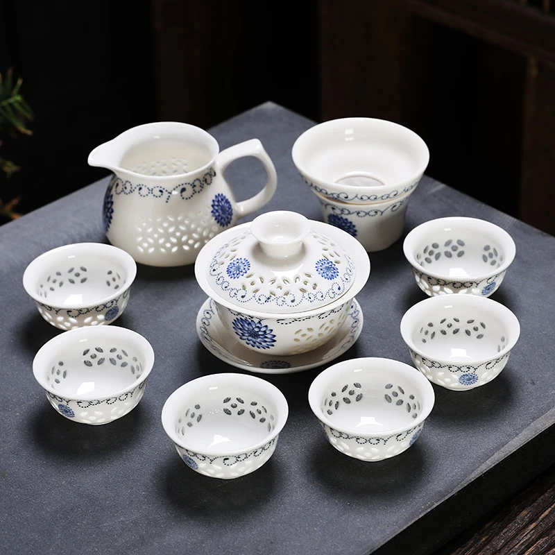 仁坤玲珑镂空蜂窝功夫泡茶具陶瓷家用品泡茶杯具茶壶组合瓷器