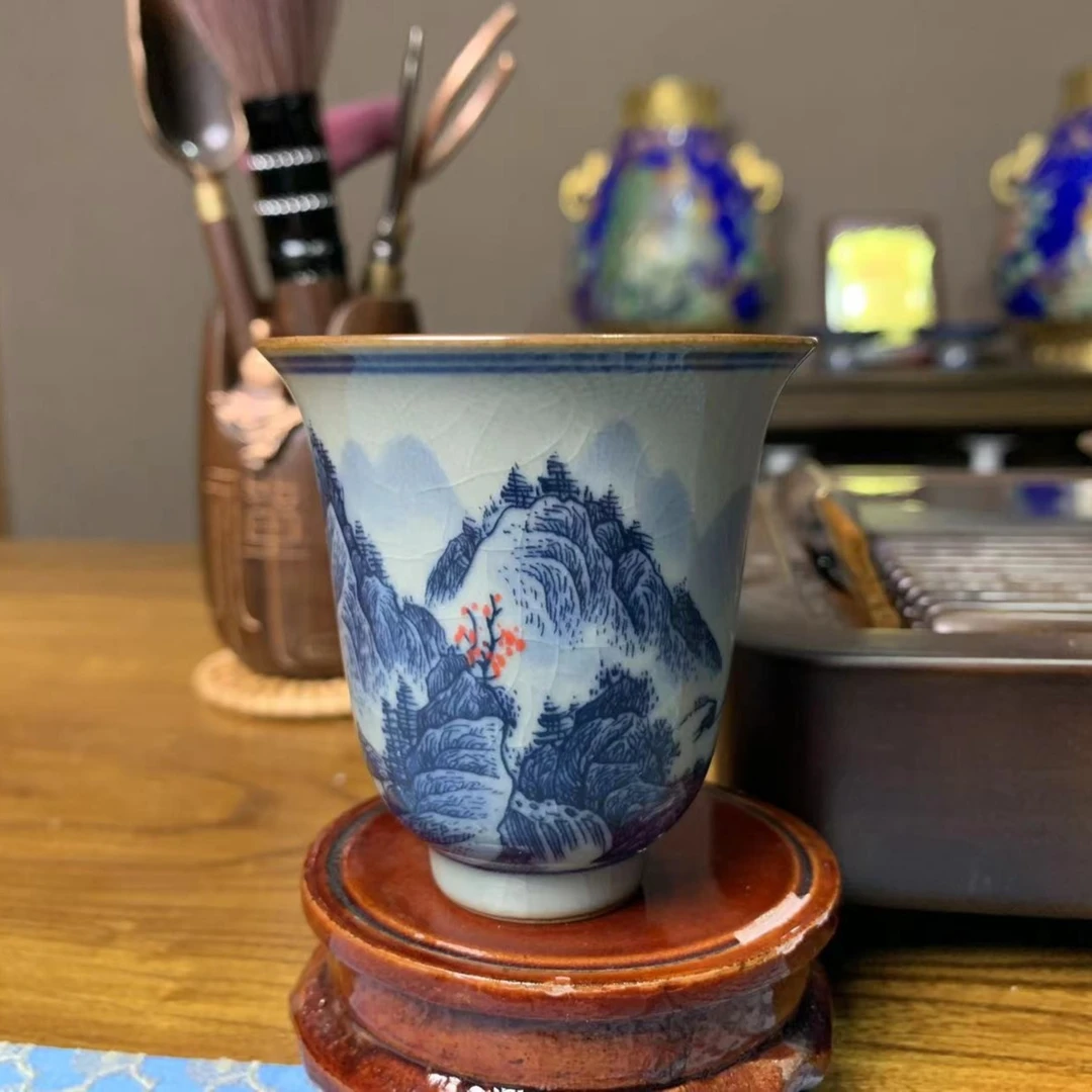 【六度陶瓷】@1232@景德镇老陶泥青花瓷崇山映红闻香杯