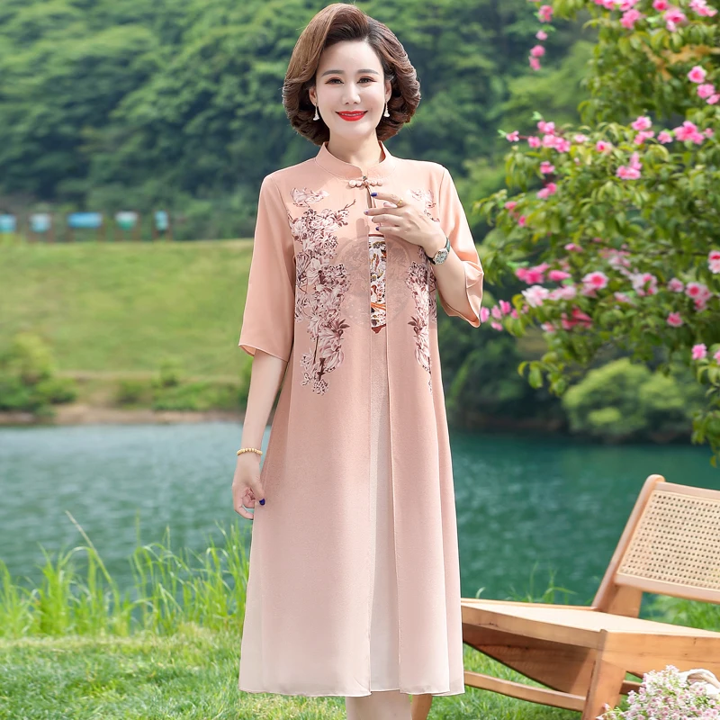 妈妈夏装短袖旗袍连衣裙中年女装气质汉服中老年洋气印花雪纺裙子