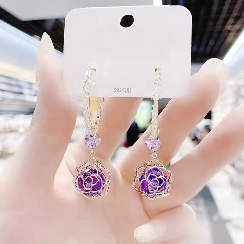 铜合金玻璃耳饰 026 紫色玫瑰耳环
