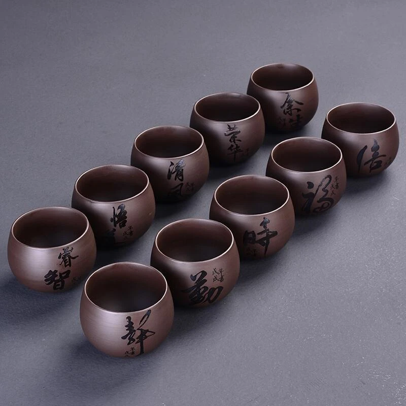 水墨紫砂陶瓷功夫小茶杯套装茶碗品茗杯建单茶具紫砂斗笠主人茶盏