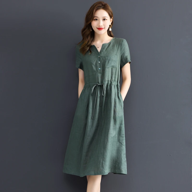 棉麻连衣裙女新款高端V领夏天薄款抽绳收腰显瘦小清新中长款裙子