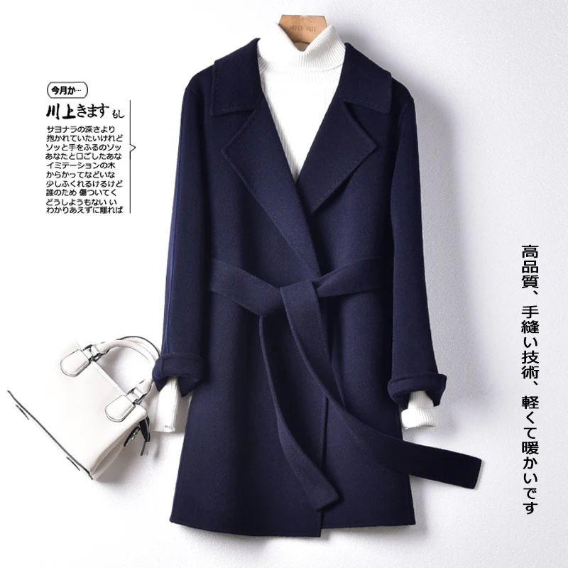 ZAIXI/再曦秋冬双面呢外套女100%羊毛短款羊毛绒大衣小个子系带