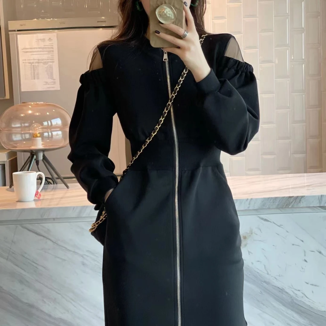 直播特J/露肩前拉链开叉女裙时尚气质显瘦设计感小众设计连衣裙女