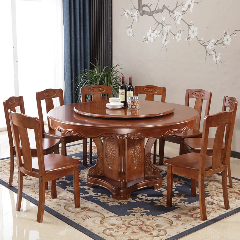 新中式饭店餐桌椅组合家用酒店雕花大圆桌圆形带电磁炉转盘雕花