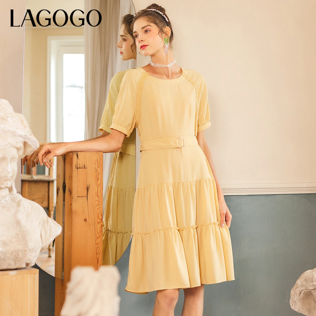 Lagogo拉谷谷夏季圆领黄色雪纺短袖插肩袖连衣裙女甜美KALL334B52