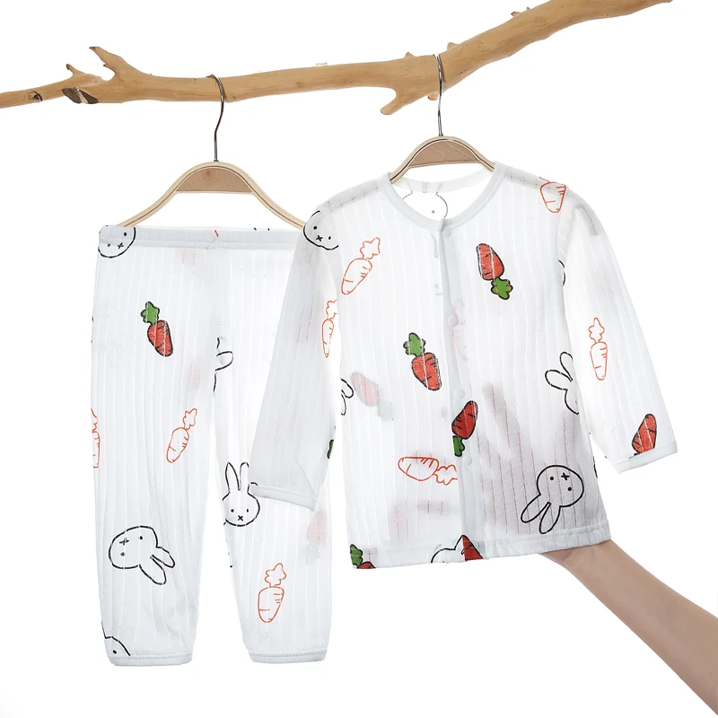 66-110婴儿长袖套装夏季薄款空调服宝宝对开睡衣网眼棉家居服c013