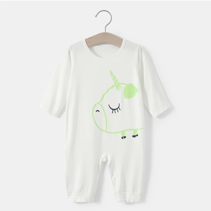 婴儿睡衣防踢被冰丝夏季薄款长袖莫代尔无骨连体衣宝宝空调服夏装