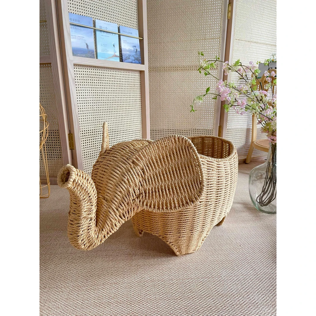 大象造型藤编收纳筐家用整理箱玩具收纳架柜纯手工动物编织收纳篮