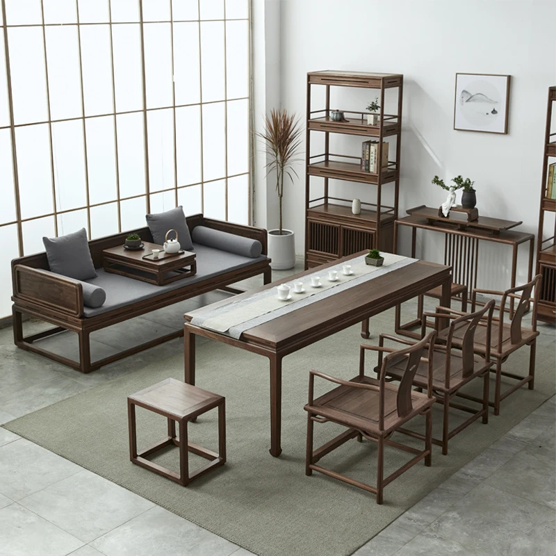 木羲元黑胡桃木罗汉床客厅双人沙发家用新中式罗汉床茶桌椅组合