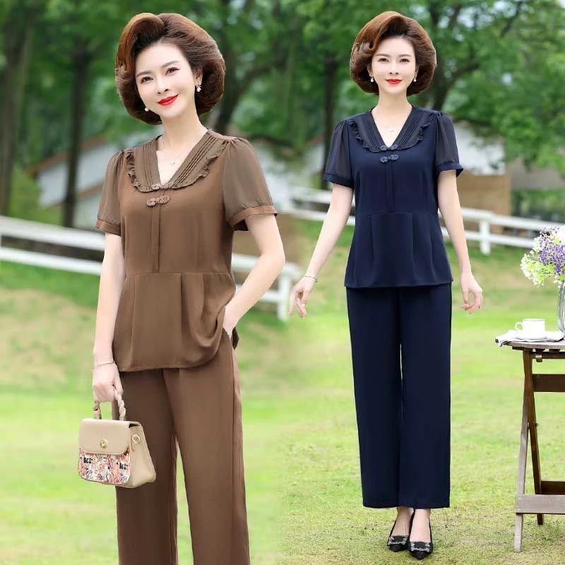妈妈夏装洋气套装中年人时尚小衫40岁50中老年女装短袖T恤两件套