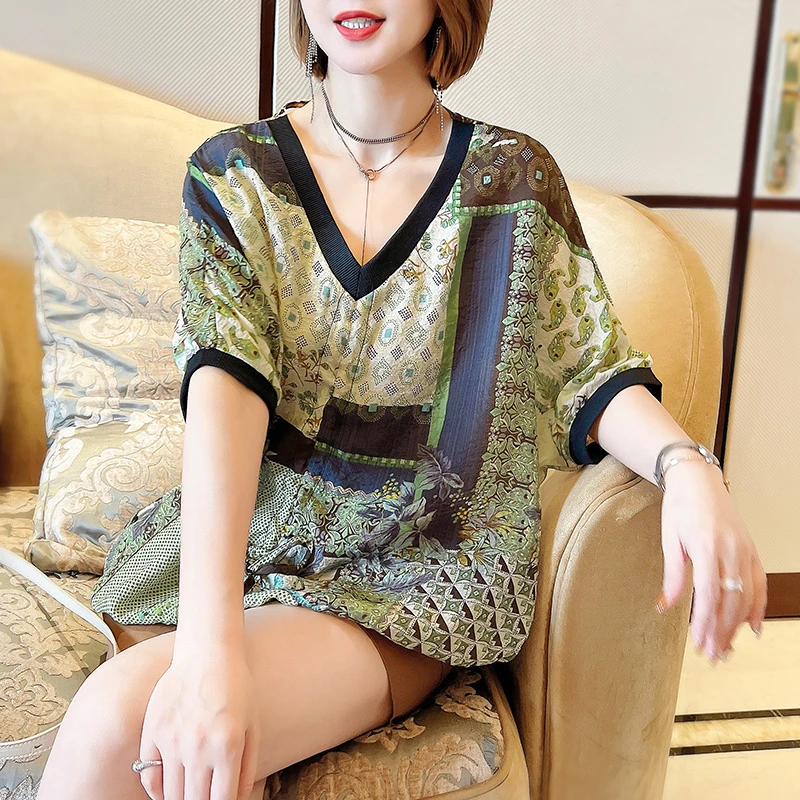 v领短袖衬衫女夏季装宽松大码印花衬衣半袖下摆抽绳上衣22052302
