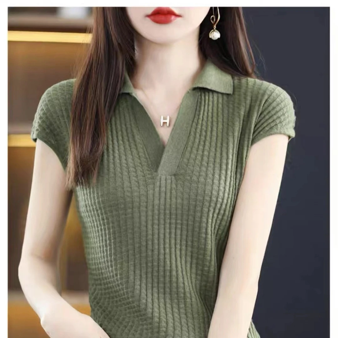 48支精纺羊毛 女士POLO领短袖 包肩小飞袖夏季显瘦上衣