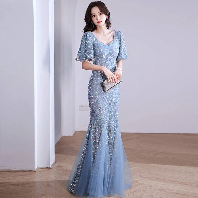 灰蓝色亮片晚礼服裙女新款2023爆款鱼尾设计感名媛轻奢小众高端