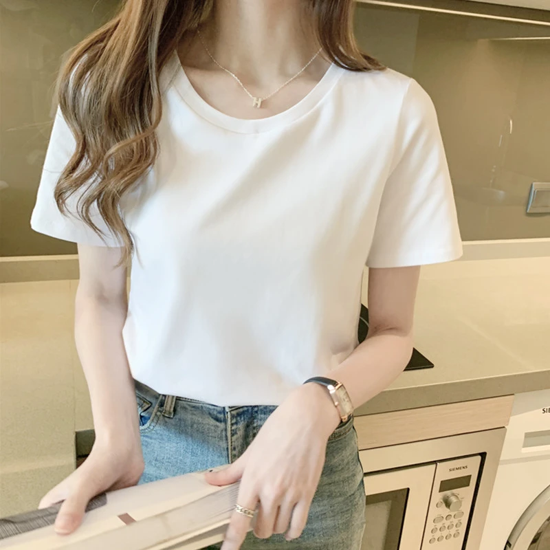 棉质白色t恤女短袖春夏季2022新款宽松短款打底衫t桖夏装纯色上衣