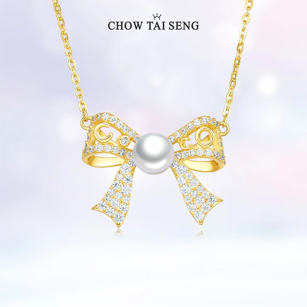 周大生淡水珍珠吊坠轻奢时尚起舞蝴蝶结项链新年礼物送女友