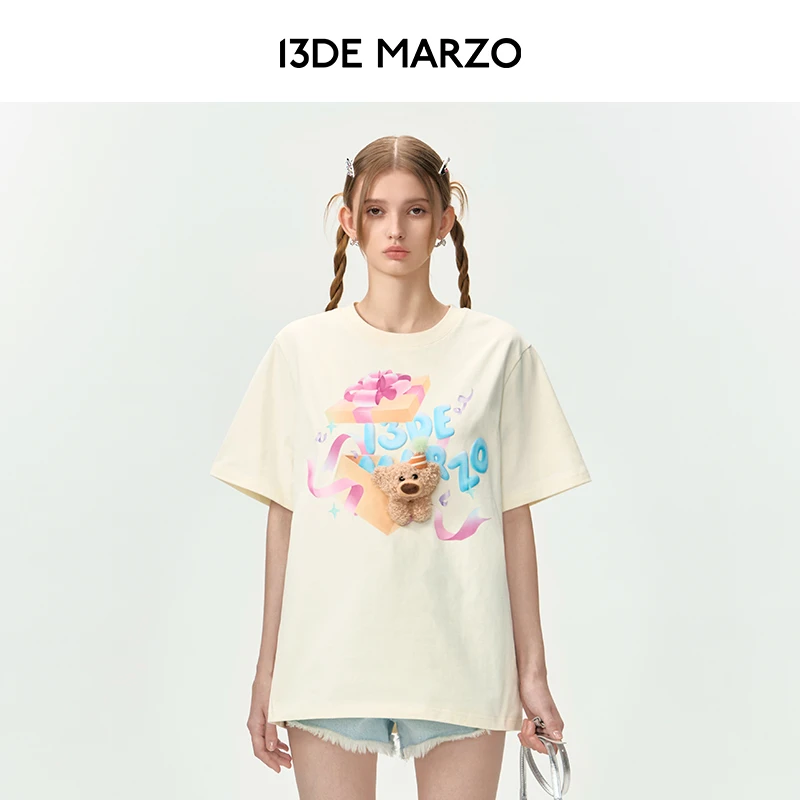 13DE MARZO男女同款 24春夏新款礼物盒印花短袖圆领棉质宽松T恤