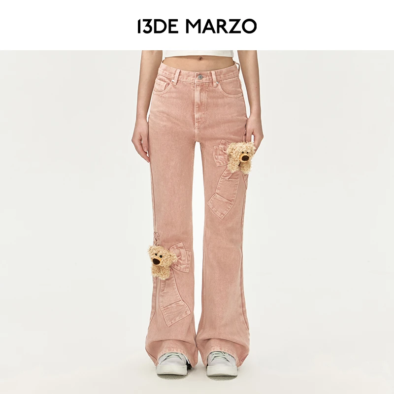 13DE MARZO女士 春夏新款时尚蝴蝶结气质牛仔裤休闲微喇长裤