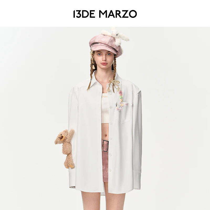 13DE MARZO男女同款24早秋新款串珠logo印花长袖衬衫中长款外套