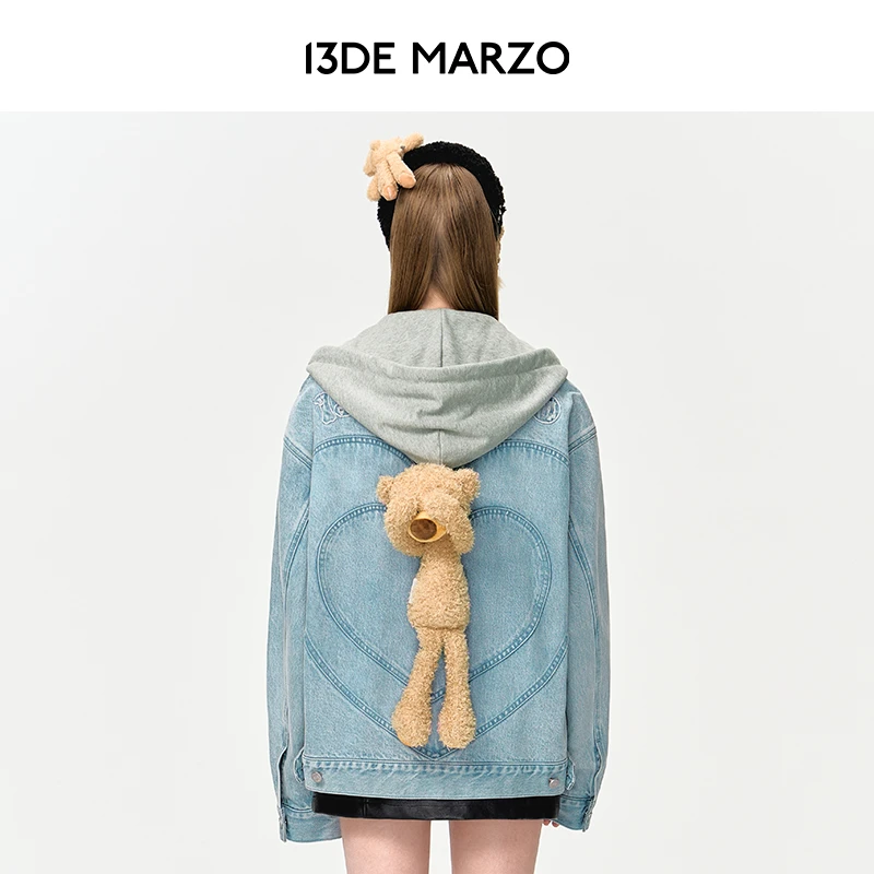 13DE MARZO男女同款24早秋新款爱心带帽牛仔外套返潮复古时尚夹克