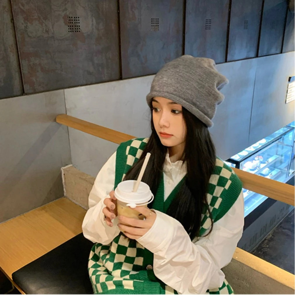 小众抽绳设计堆堆帽网红显脸小月子帽黑色堆堆帽子女百搭毛线帽冷